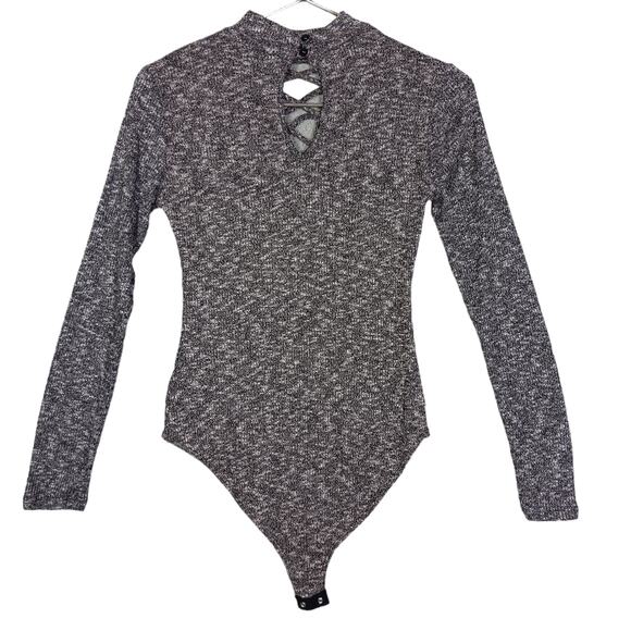 Charlotte Russe Bodysuit Size Medium Marled Gray Long Sleeve High Neck - Picture 2 of 8